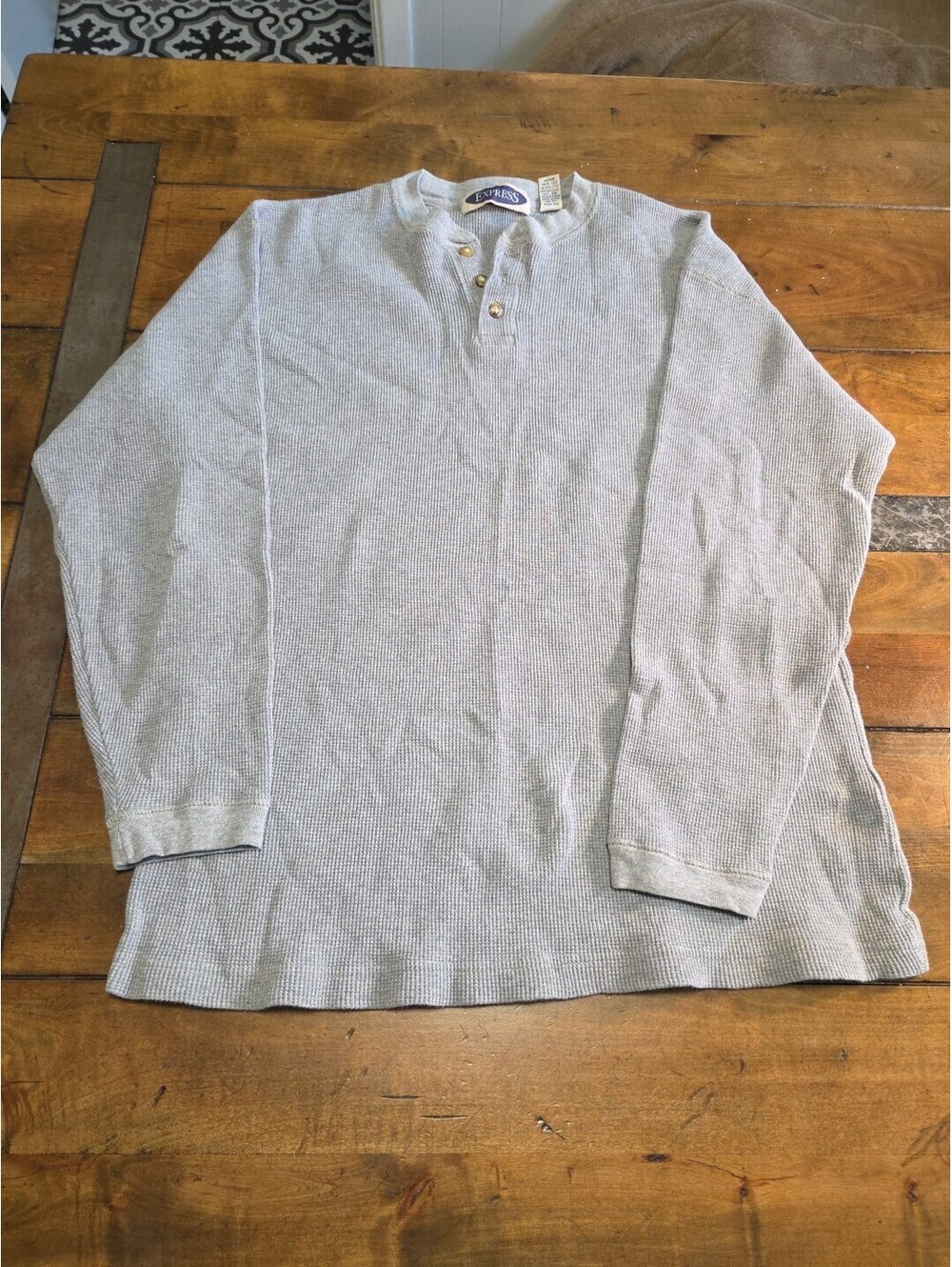 Vtg 90s Express Waffle Knit Henley Shirt Grey Boxy Boyfriend Fit Size Medium